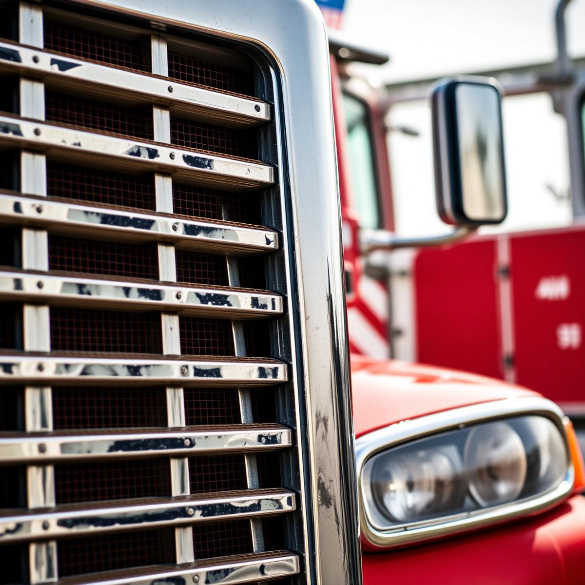 Close-up detail of an American semi-truck chrome grille