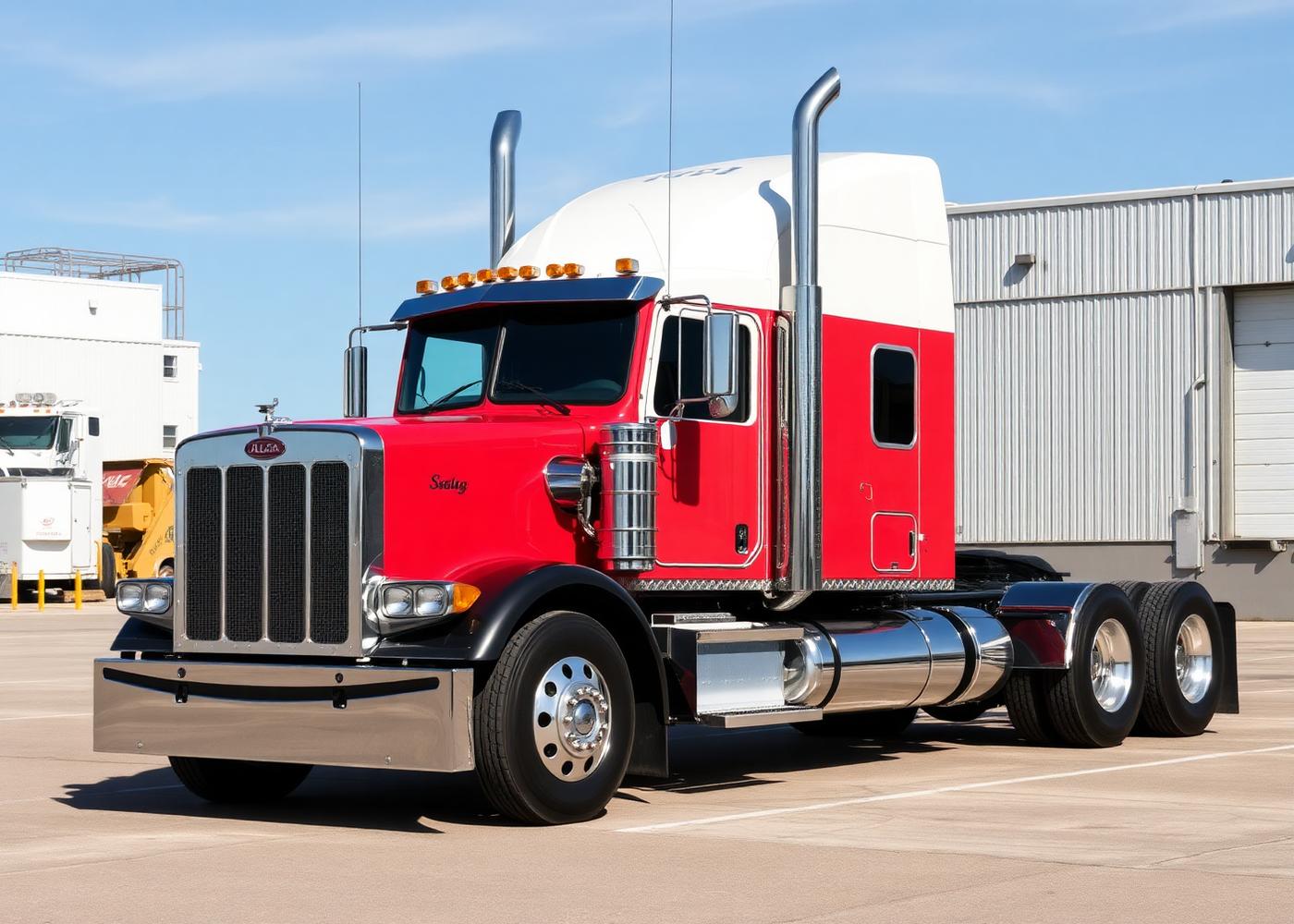 American semi-truck parked at an industrial facility